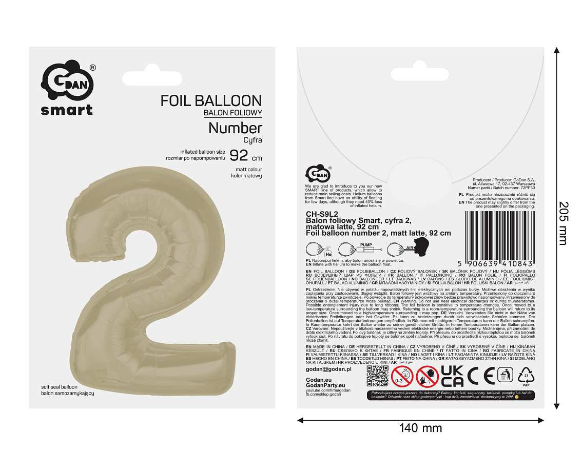 Foil balloon number 2, matt latte, 92 cm EOL